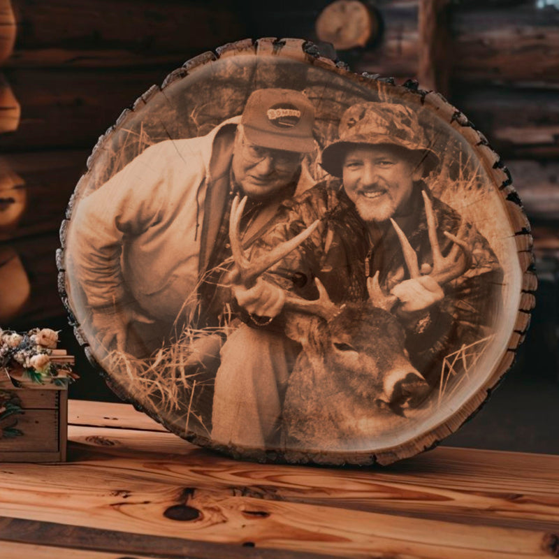 Load image into Gallery viewer, Hunting Photo on Rustic Live Edge Wood Oval
