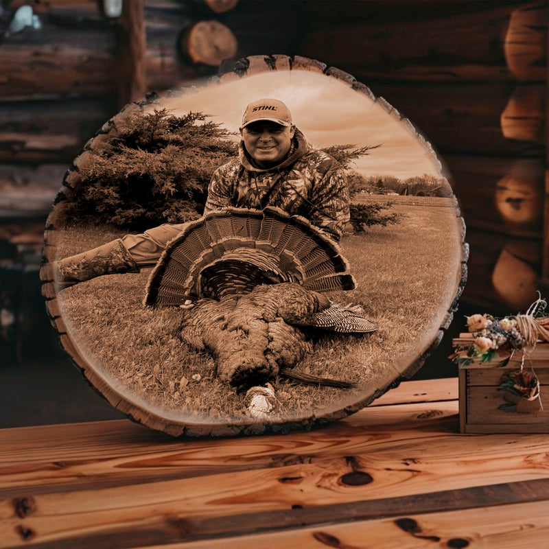 Load image into Gallery viewer, Hunting Photo on Rustic Live Edge Wood Oval
