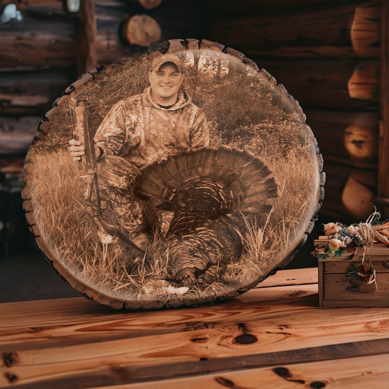 Load image into Gallery viewer, Hunting Photo on Rustic Live Edge Wood Oval
