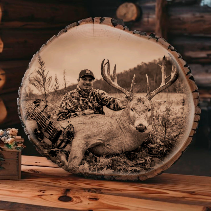 Load image into Gallery viewer, Hunting Photo on Rustic Live Edge Wood Oval
