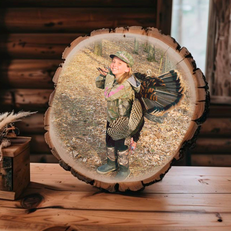 Load image into Gallery viewer, Hunting Photo on Rustic Live Edge Wood Oval
