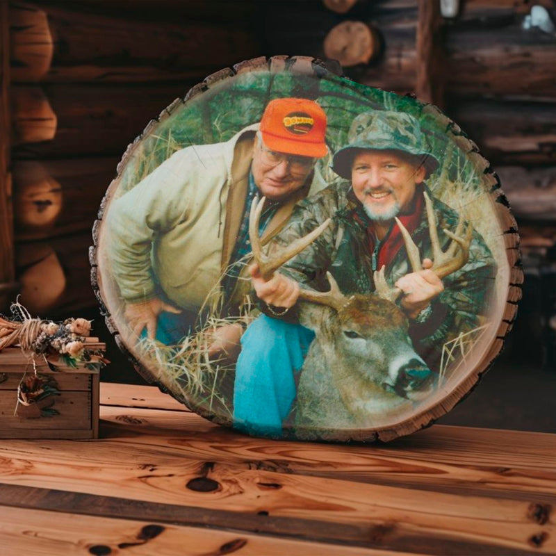 Load image into Gallery viewer, Hunting Photo on Rustic Live Edge Wood Oval
