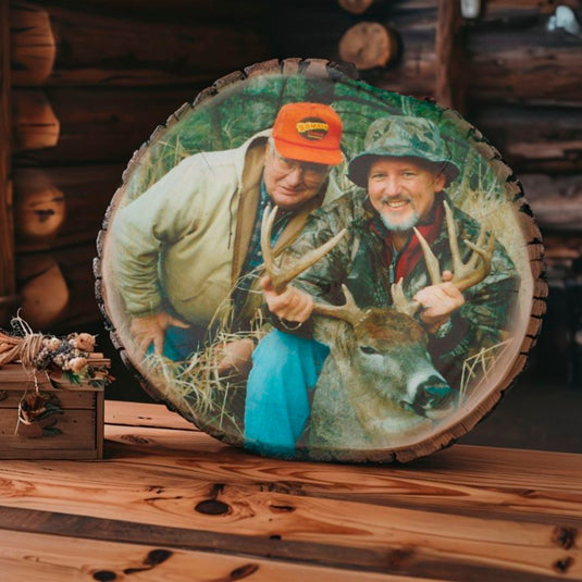 Hunting Photo on Rustic Live Edge Wood Oval