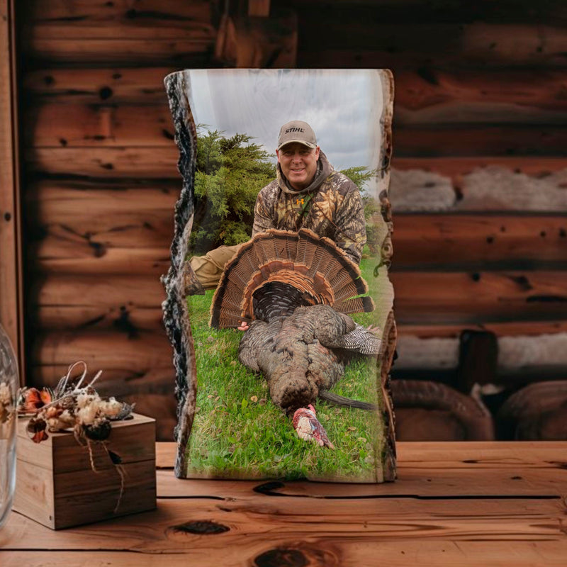 Load image into Gallery viewer, Hunting Photo Printed on Rustic Live Edge Wood
