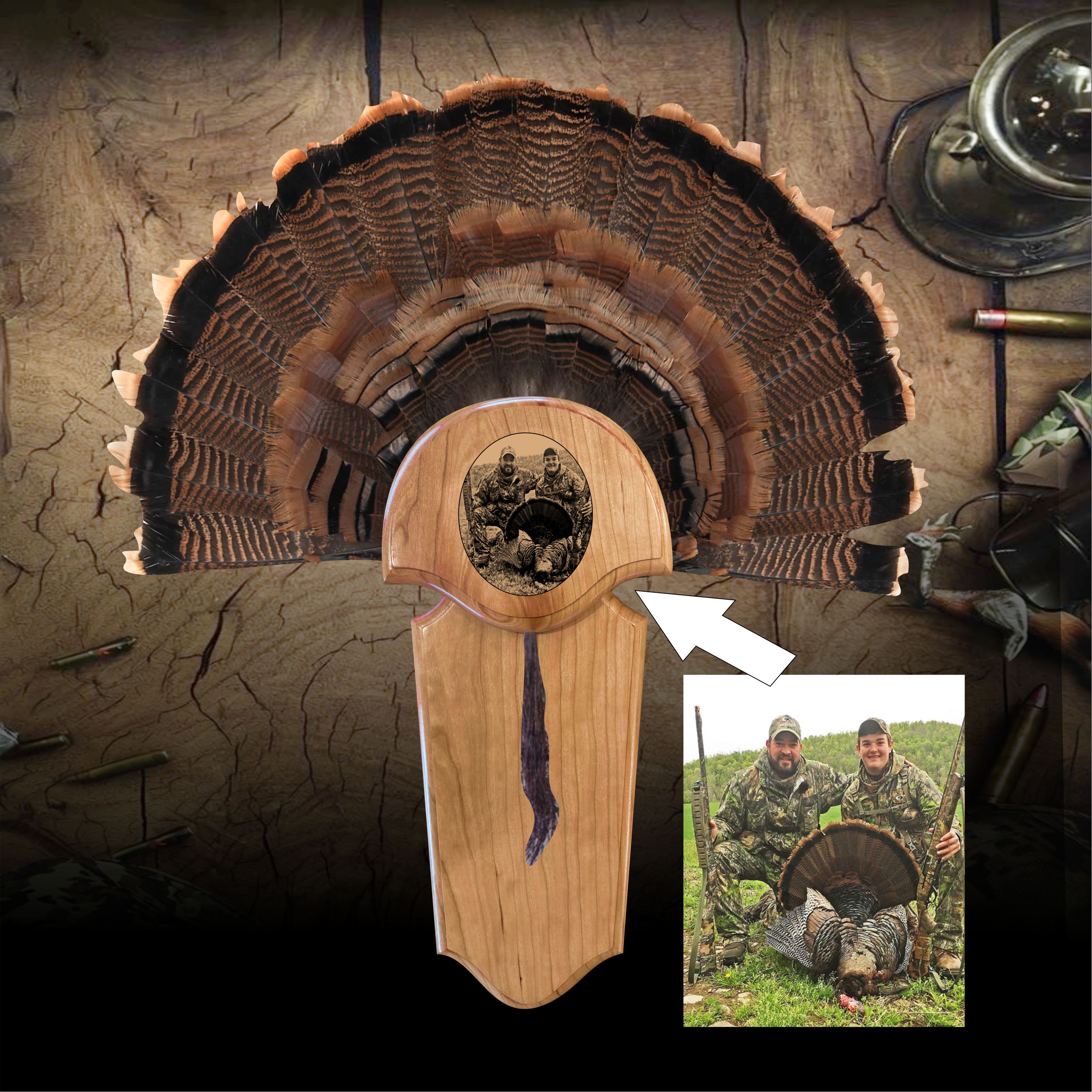 Wood Turkey Fan Mount with Custom Photo – Hint's Laser Engraving