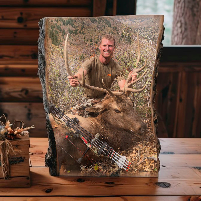 Load image into Gallery viewer, Hunting Photo Printed on Rustic Live Edge Wood
