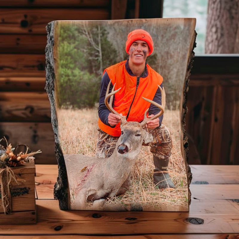 Load image into Gallery viewer, Hunting Photo Printed on Rustic Live Edge Wood
