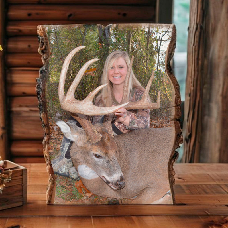 Load image into Gallery viewer, Hunting Photo Printed on Rustic Live Edge Wood
